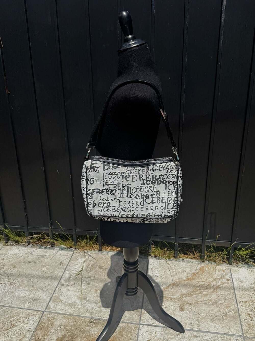 Iceberg Black and White Monogram Logo Print Shoulder Bag Baguette